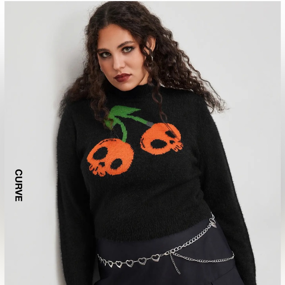 BNWT Cider Halloween Knit Stand Collar Skull Cherry Long Sleeve Sweater Size 4XL